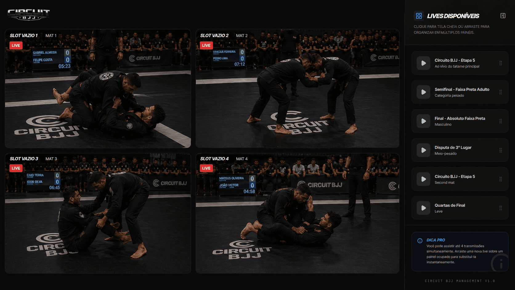 Painel com até 4 transmissões ao vivo simultâneas